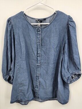 Velvet Heart Denim Button Front Blouse Puff Sleeve Women's Size L